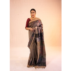 Charcoal Grey Radhakrishna Hand Painted Madhubani Tussar silk saree