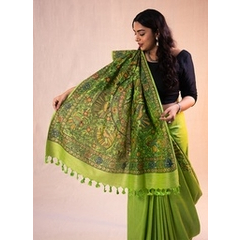 Light Green Radha Krishna hand painted Madhubani cotton saree