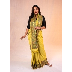 Yellow Fishes Rasleela Handpainted  Madhubani cotton Saree